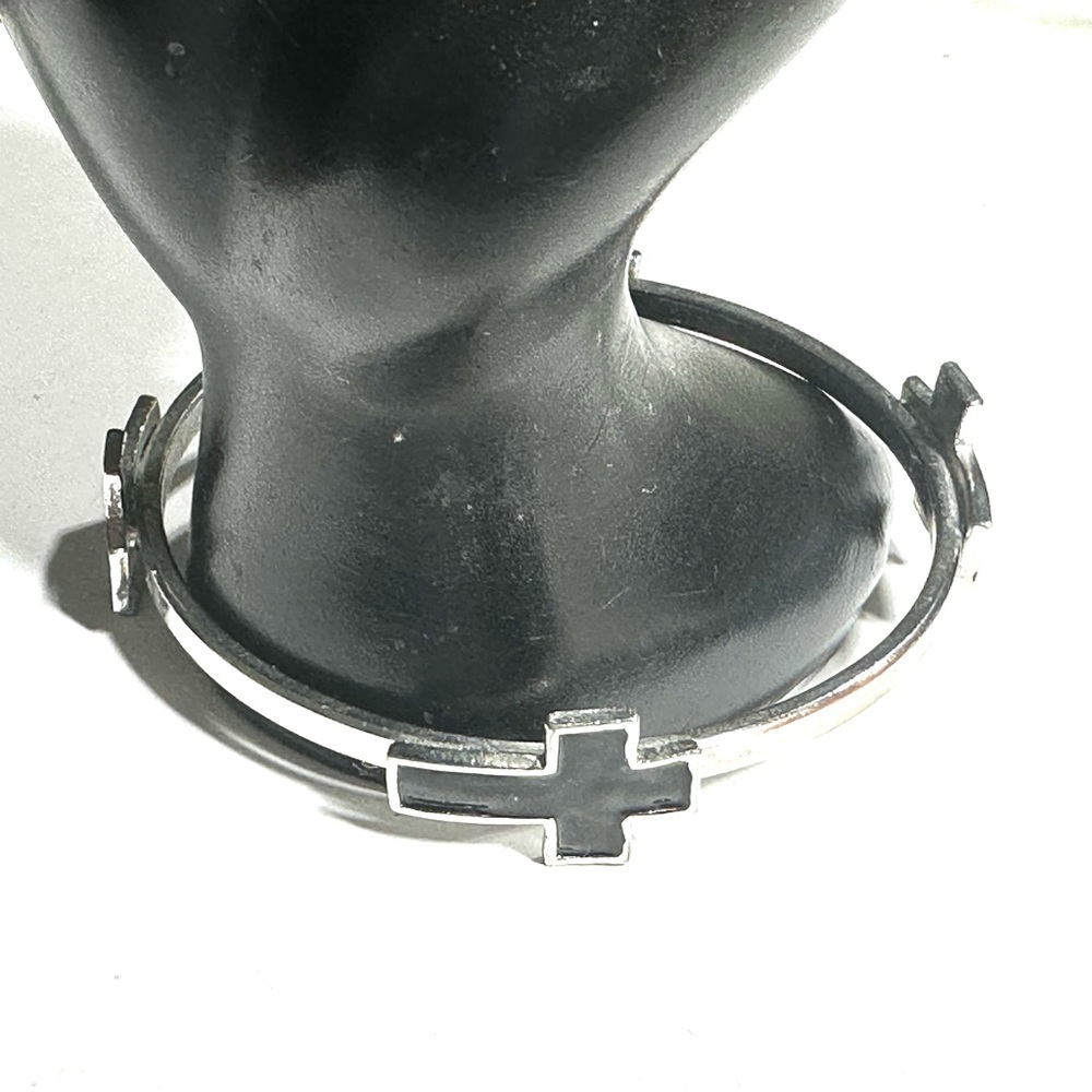 Black Enamel Sideways Christian Cross Bangle Bracelet Silver Tone Unisex